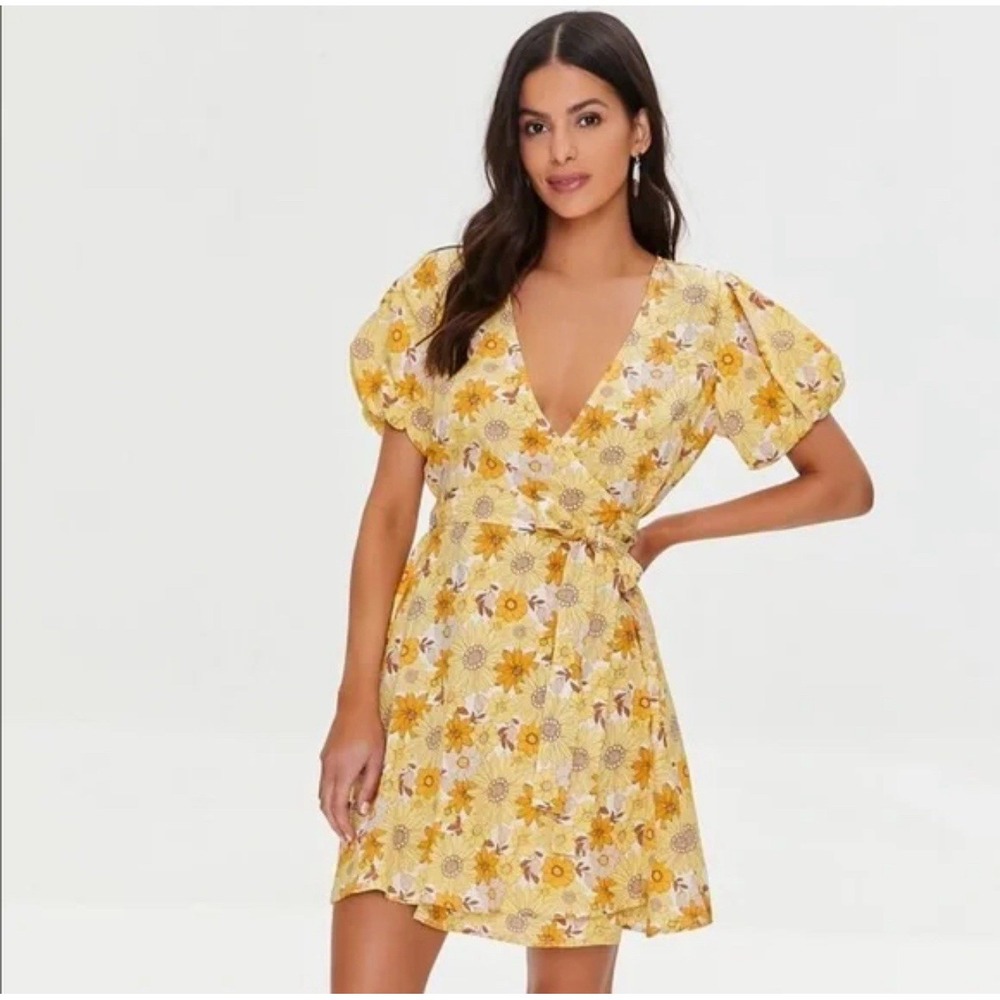 Forever 21‎ Junior Puff Short Sleeve Wrap Floral Print Dress-Yellow-SZ S